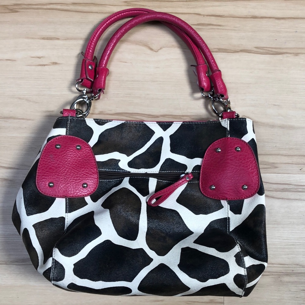 Giraffe Black & Brown Animal Print Expandable Tote With Hot Pink Leather Accents